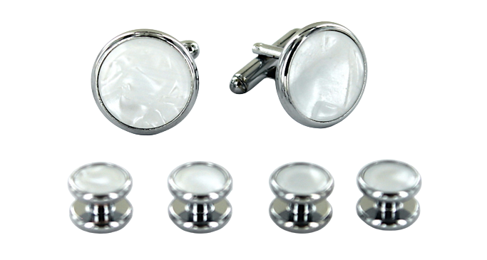Kit de boutons de manchettes ronds métal argent et nacre blanche