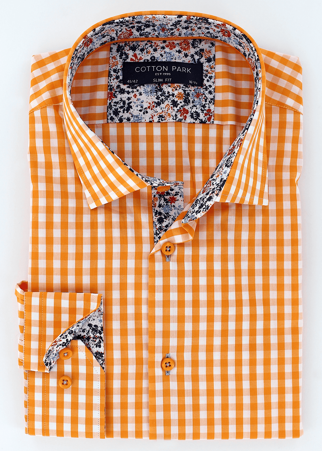 Chemise vichy élégante pour homme en coupe cintrée de couleur orange opposition à motifs | Cotton Park