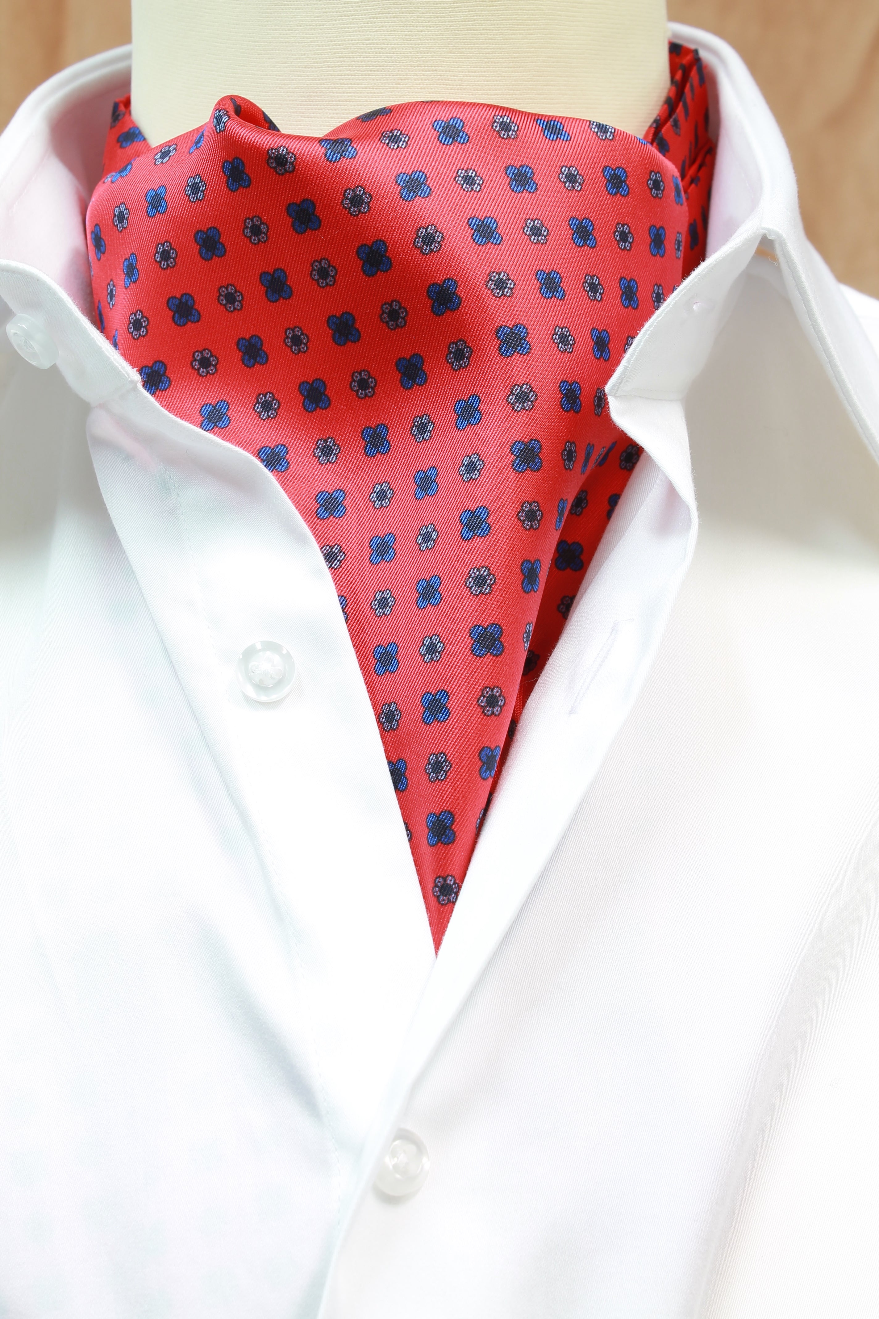 Red Ruffle Ascot Red ascot with blue and yellow patterns | Cotton Park