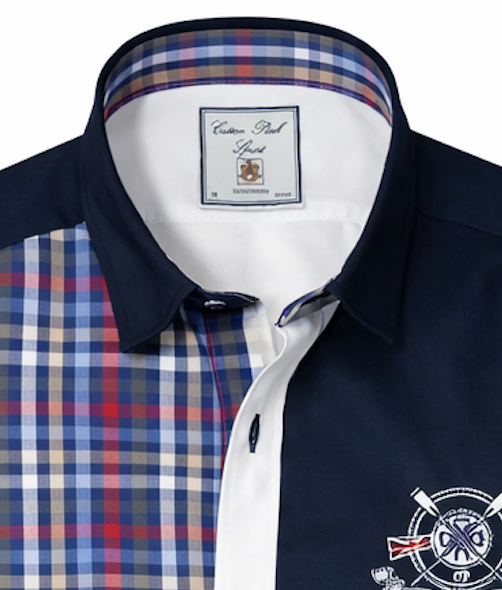 Chemise sport chic bleu marine et blanc brodée