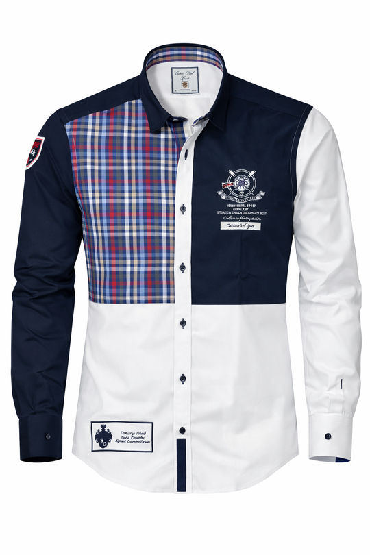 Chemise sport chic bleu marine et blanc brodée