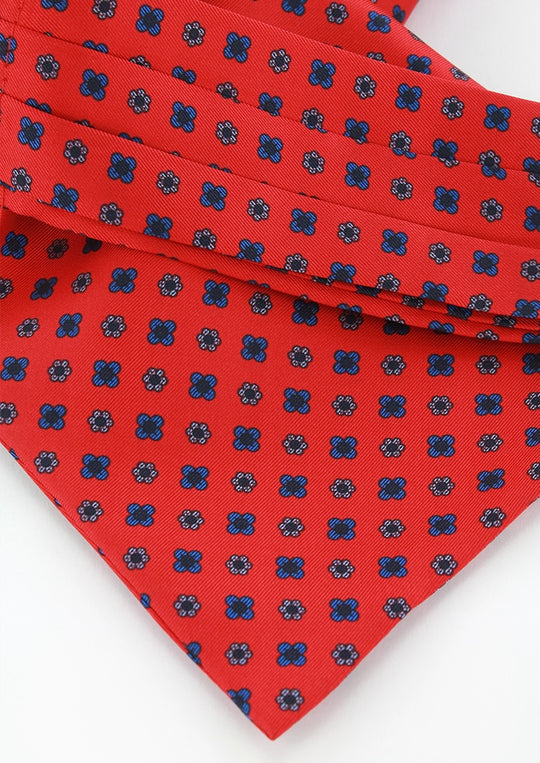 Red ascot with blue and yellow patterns