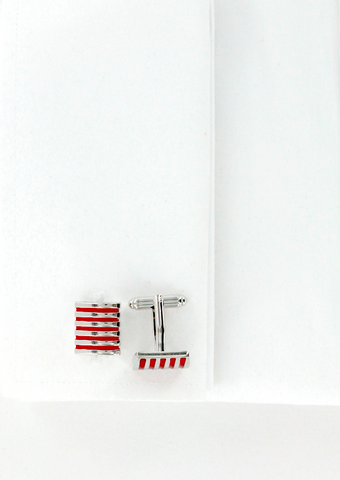 Silver-coloured square cufflinks with red stripes 
