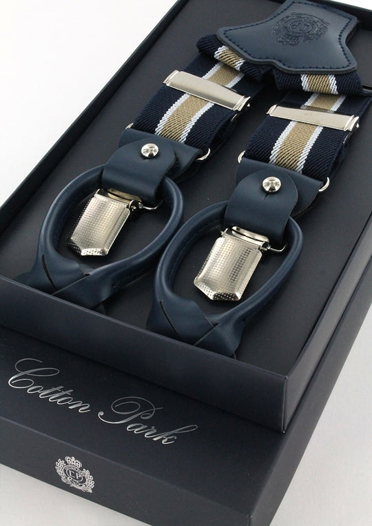 Bretelles homme bleu marine à rayures beige et blanches