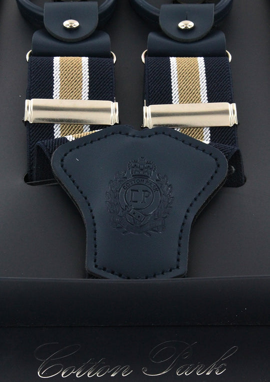 Bretelles homme bleu marine à rayures beige et blanches