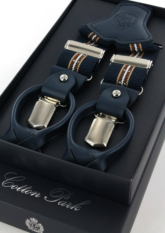 Bretelles homme bleu marine à rayures marron et blanches