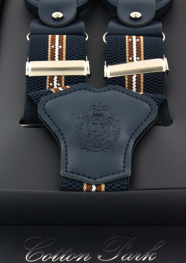 Bretelles homme bleu marine à rayures marron et blanches