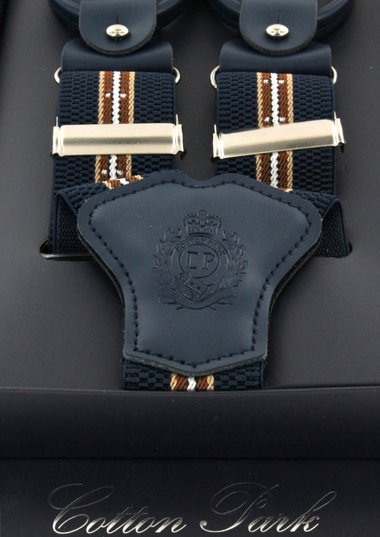Bretelles homme bleu marine à rayures marron et blanches