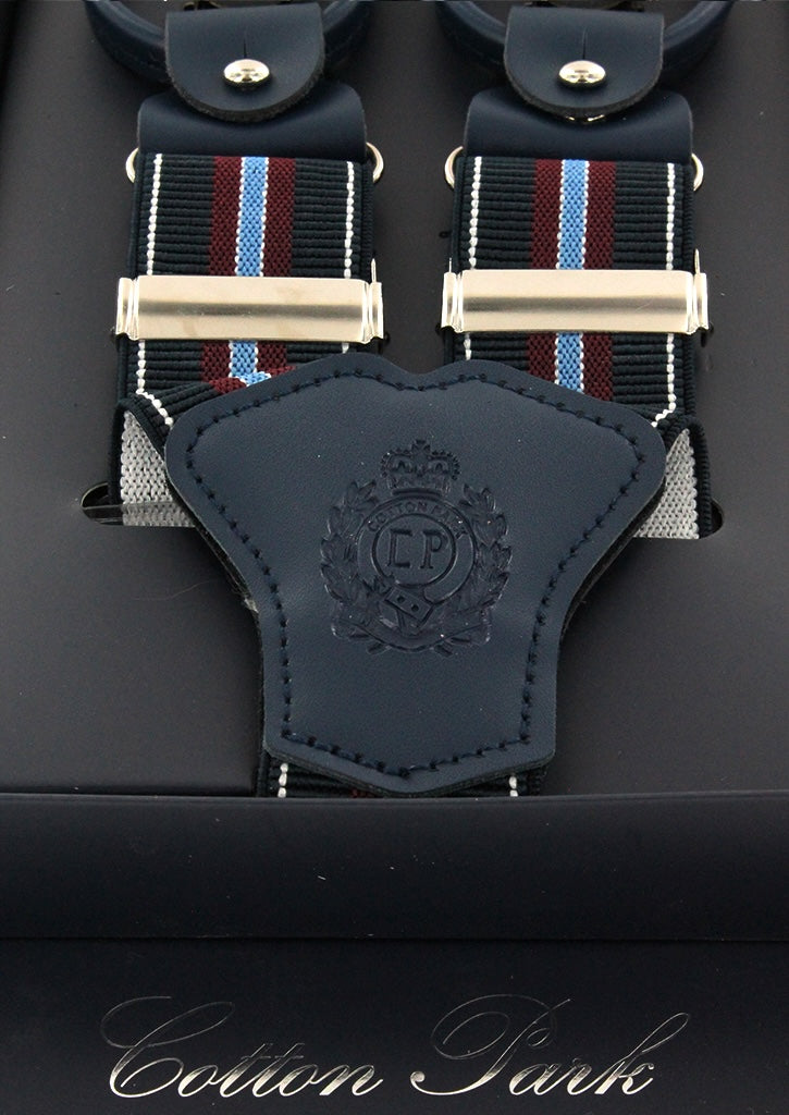 Bretelles homme bleu marine à rayures bordeaux et bleu ciel