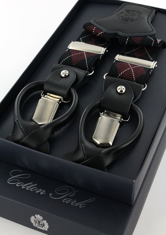 Bretelles homme noires à carreaux bordeaux et blancs