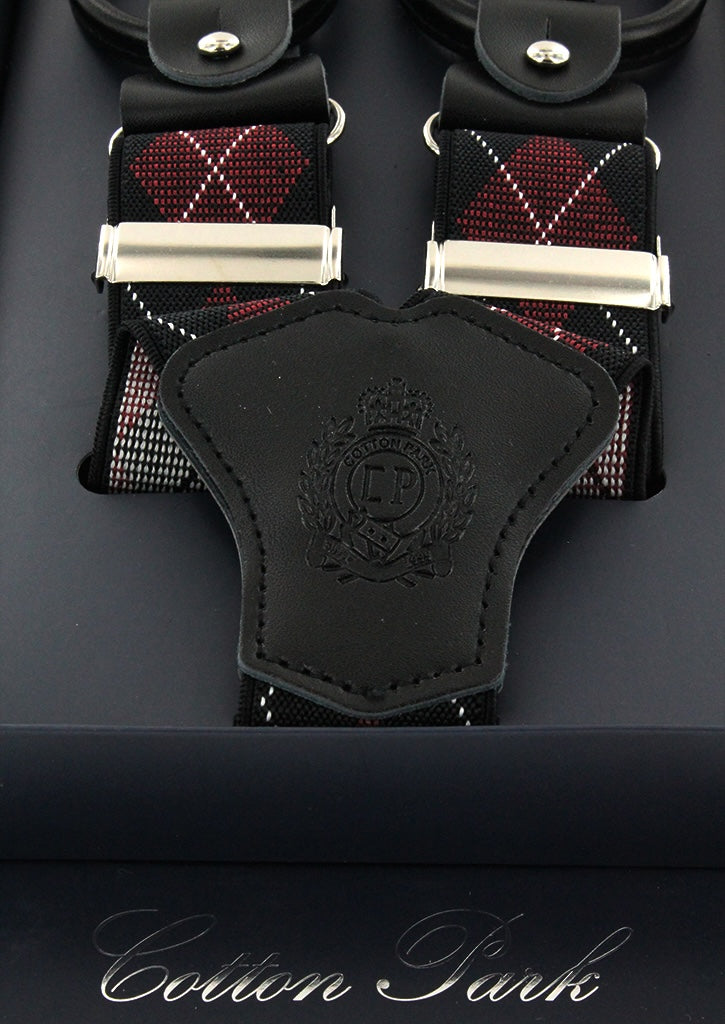 Bretelles homme noires à carreaux bordeaux et blancs