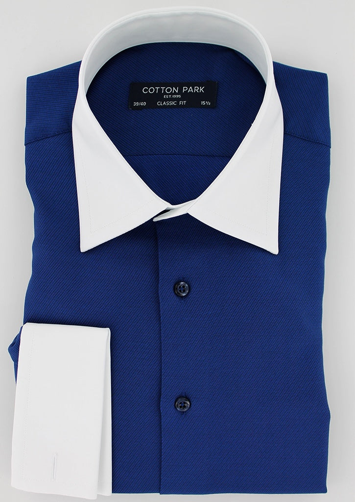 Blue shirt with white collar and French cuffs