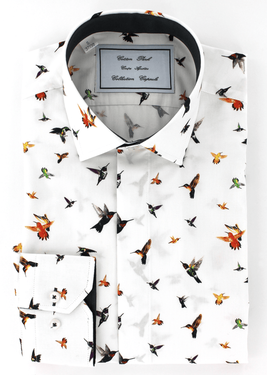 Chemise casual blanche à motif oiseau - Blueberry | Cotton Park