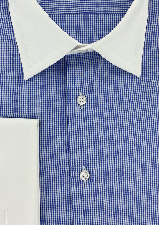 Blue gingham shirt with white French collar and cuffs