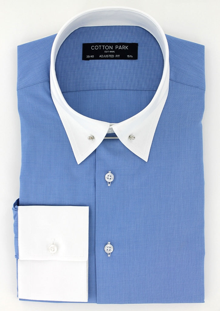 Chemise homme bleu moyen col anglais blanc et poignets contrastés