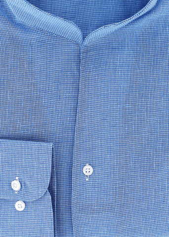 Chemise col droit ouvert bleue à motif pied de poule | Cotton Park