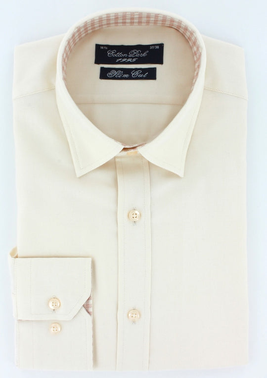 Beige gingham cotton cashmere touch fitted shirt