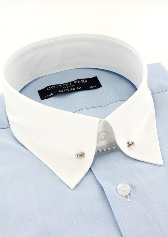 Chemise cintrée bleu ciel col anglais blanc et poignets contrastés