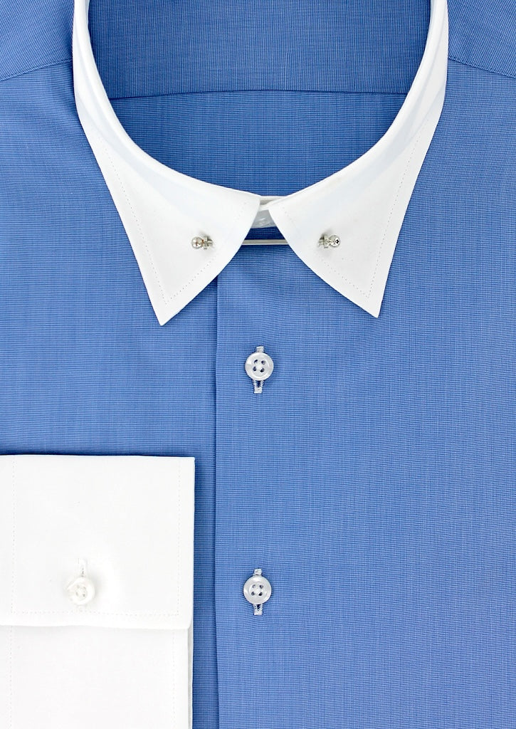 Chemise homme bleu moyen col anglais blanc et poignets contrastés