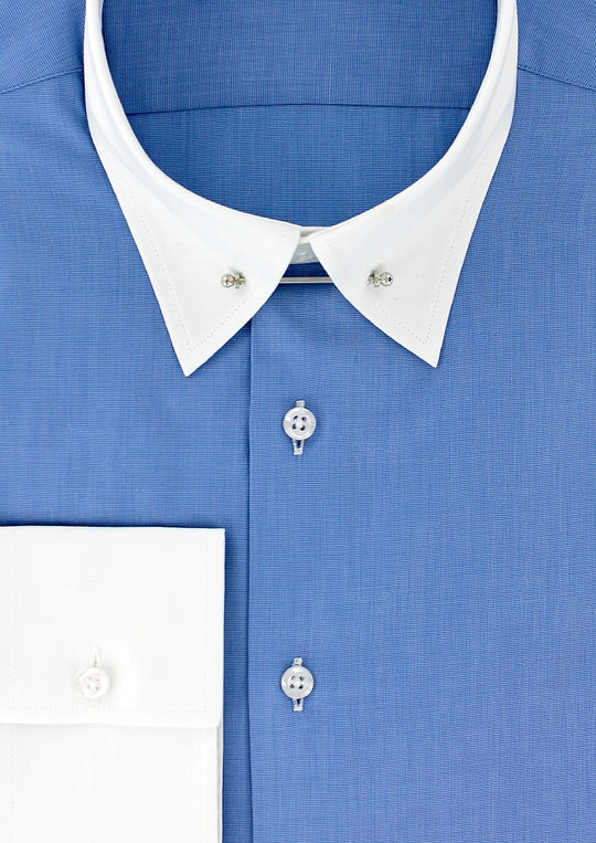 Chemise homme bleu moyen col anglais blanc et poignets contrastés