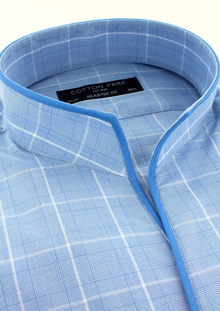 Chemise col indien à carreaux bleu ciel