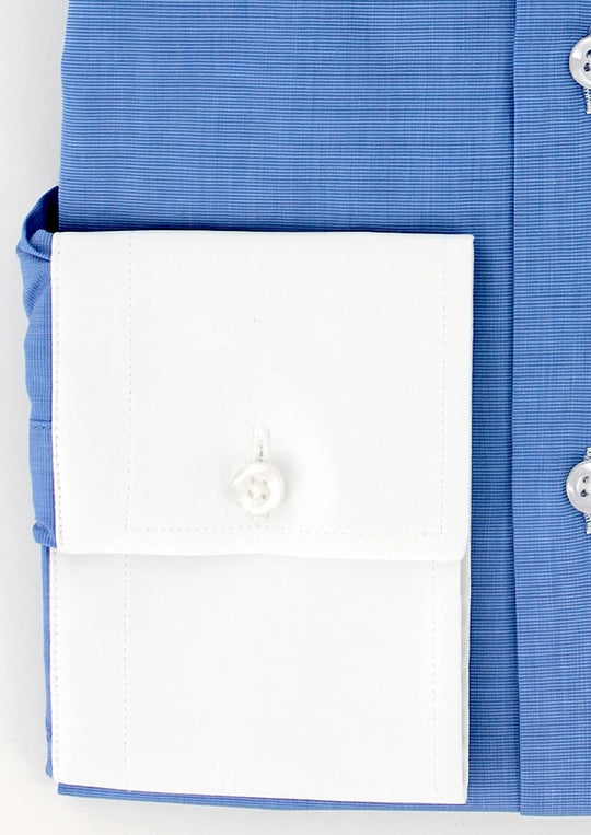Chemise homme bleu moyen col anglais blanc et poignets contrastés