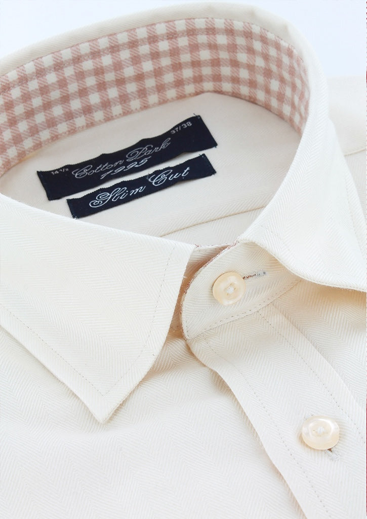 Beige gingham cotton cashmere touch fitted shirt