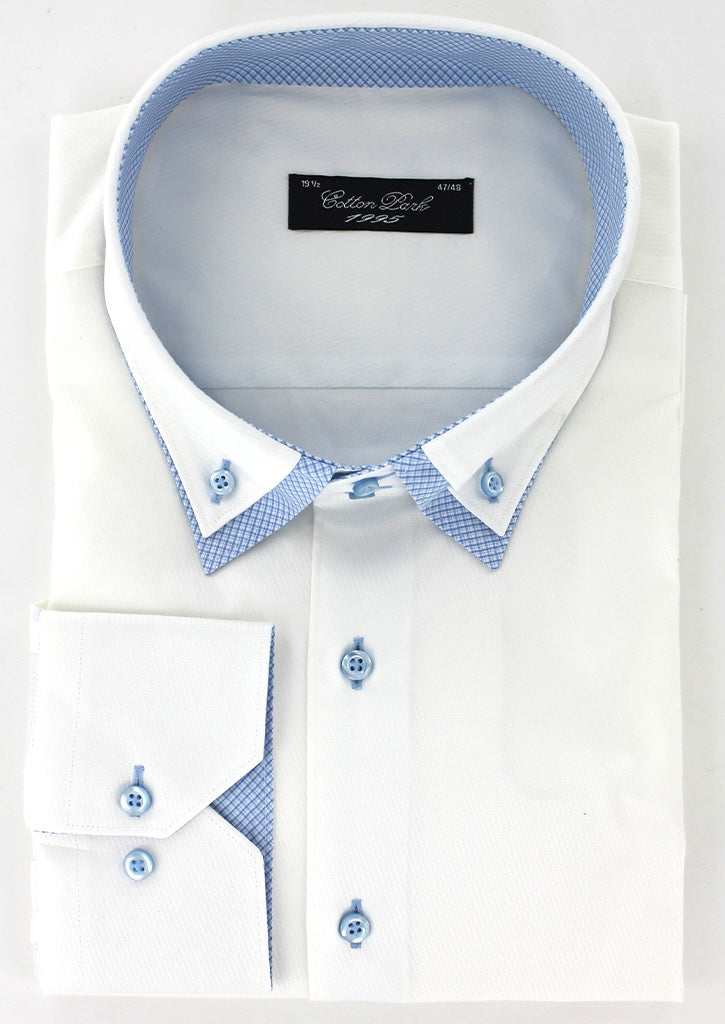 Chemise homme blanche col boutonné avec contraste bleu ciel