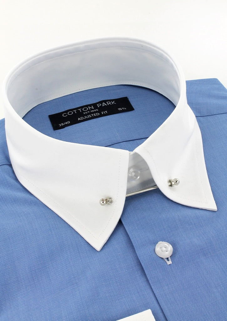 Chemise homme bleu moyen col anglais blanc et poignets contrastés