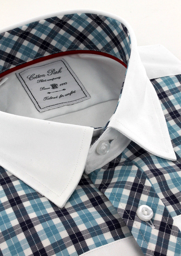 Chemise sport chic blanche à carreaux turquoise