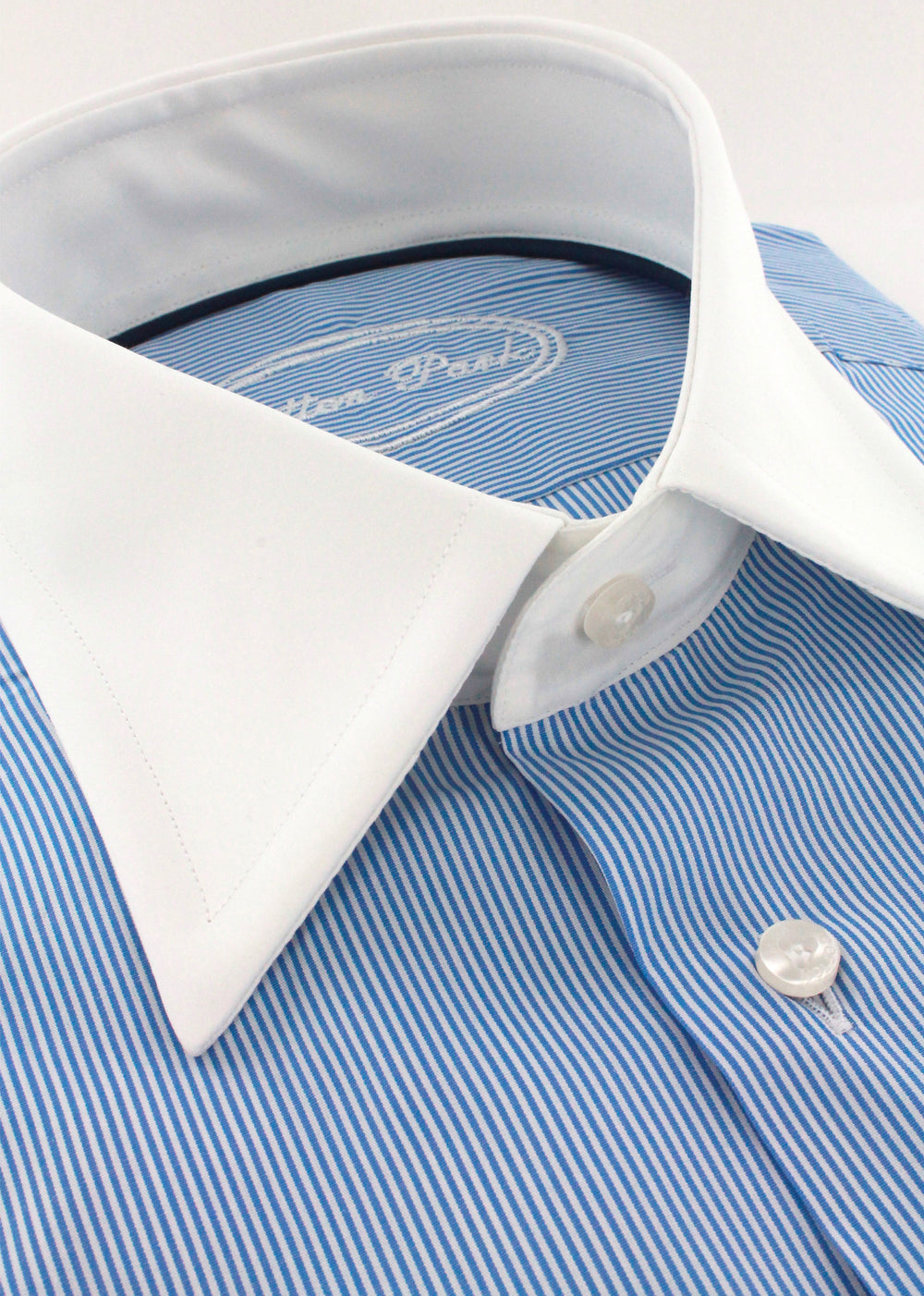 Chemise double retors à rayures fines bleu ciel col blanc | Cotton Park