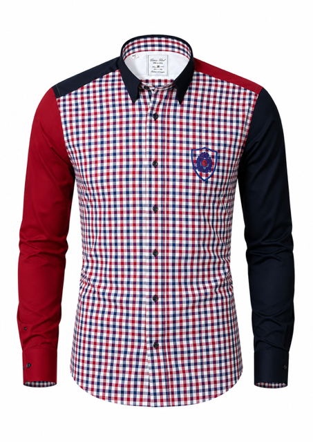 chemise Cotton Park sport chic à carreaux rouge et bleu marine