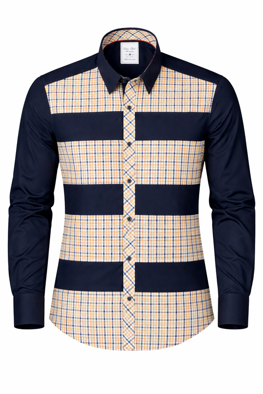 Chemise sport chic bleu marine à mini carreaux moutarde et ciel