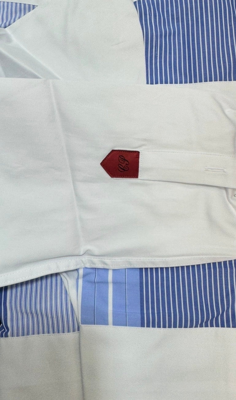 Chemise sport chic à rayures bleu ciel et blanc en opposition