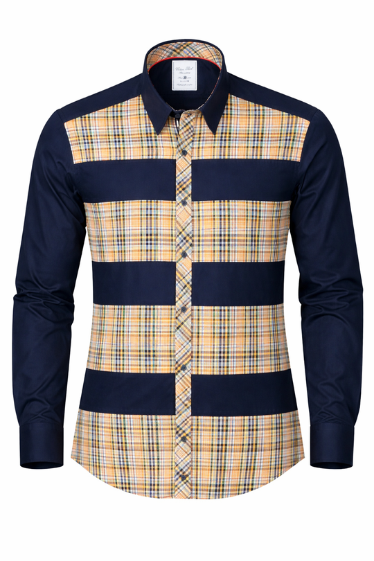 Chemise sport chic bleu marine à carreaux orange