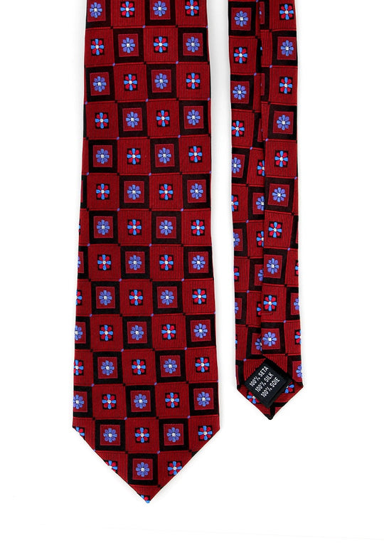 Cravate en Soie Bordeaux à Motifs Floraux Bleus