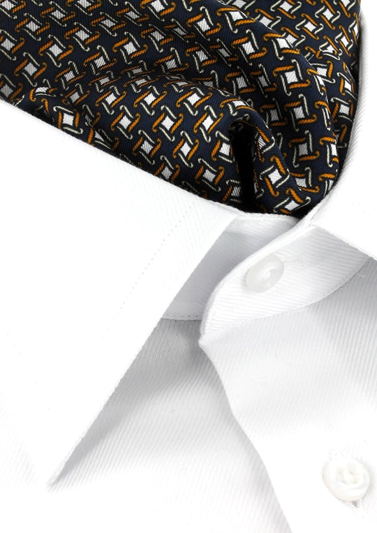 Foulard ascot en soie bleu marine à motif orange et blanc