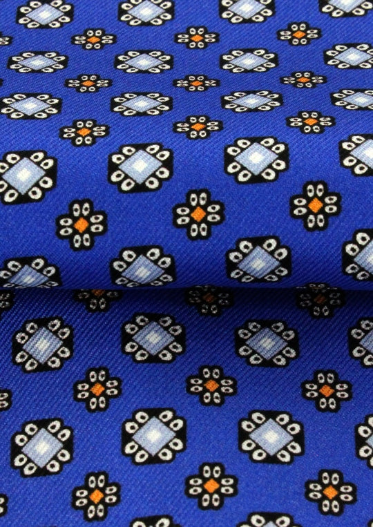 Foulard ascot en soie bleu royal à motifs bleu ciel et oranges