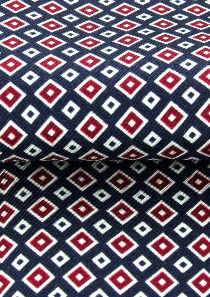 Foulard ascot homme en soie bleu marine motif bordeaux et blanc