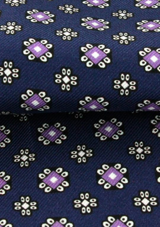 Foulard ascot en soie bleu marine à motifs parme