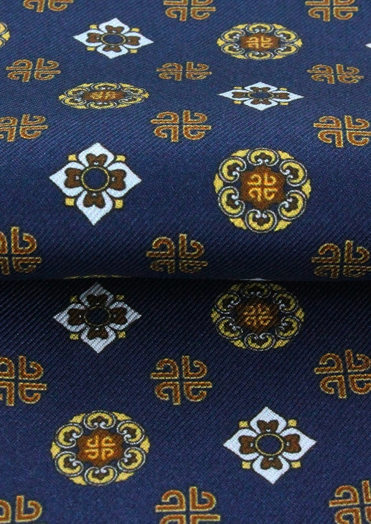 Foulard ascot en soie bleu marine à motifs jaunes