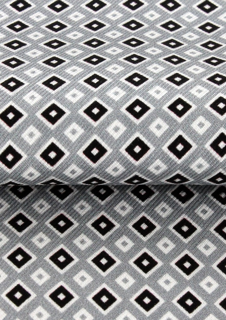 Foulard ascot homme en soie gris motif géometrique noir et blanc