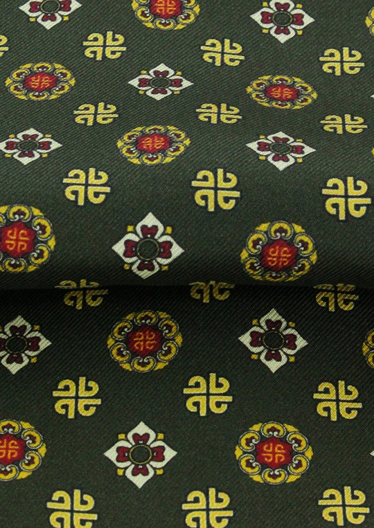 Foulard ascot en soie vert kaki motif jaune et rouge