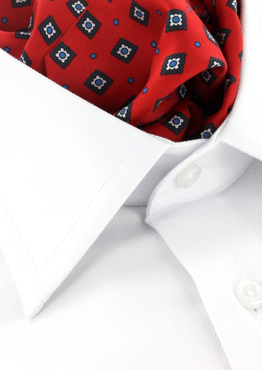 Foulard ascot homme en soie rouge à motif géométrique marine et blanc