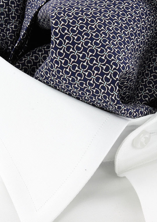 Foulard ascot homme en soie bleu marine motifs blancs et bleu ciel