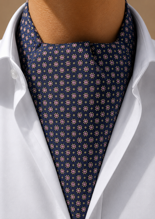 Foulard ascot en soie bleu marine à motifs parme