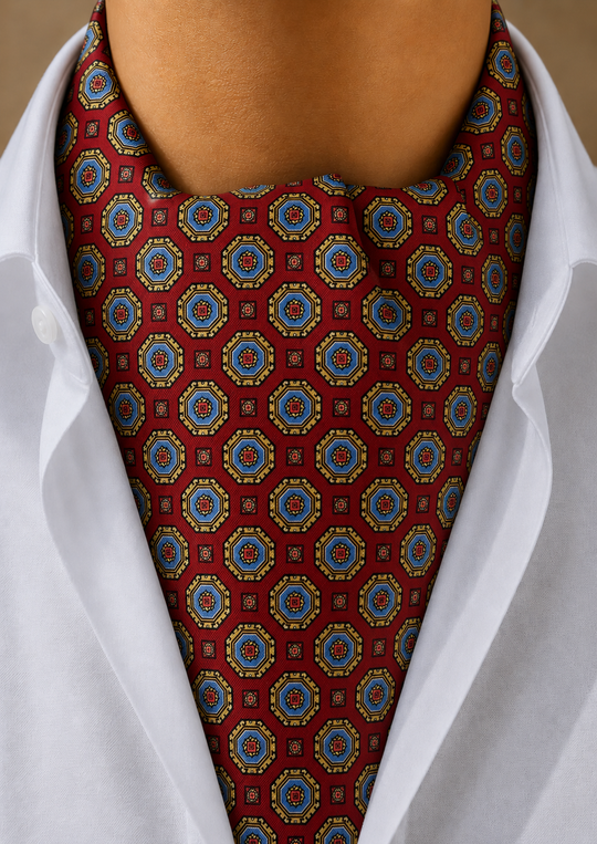 Foulard ascot en soie bordeaux à motifs bleu ciel et jaune pâle