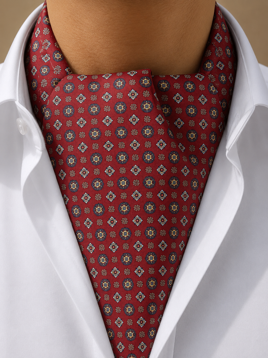 Foulard ascot en soie bordeaux à motifs bleus