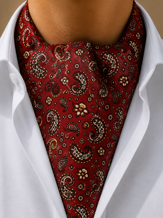 Foulard ascot en soie bordeaux à motif paisley