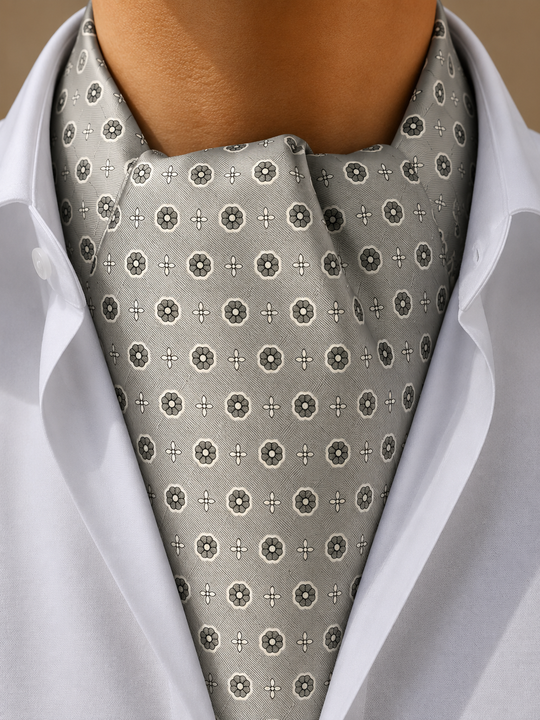 Foulard ascot homme gris à motifs floraux noirs et blancs
